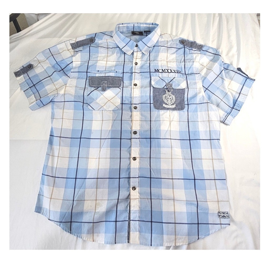 Red Ape Mens 2XL Blue Plaid Short Sleeve Button Down Shirt Graphic Back Patch